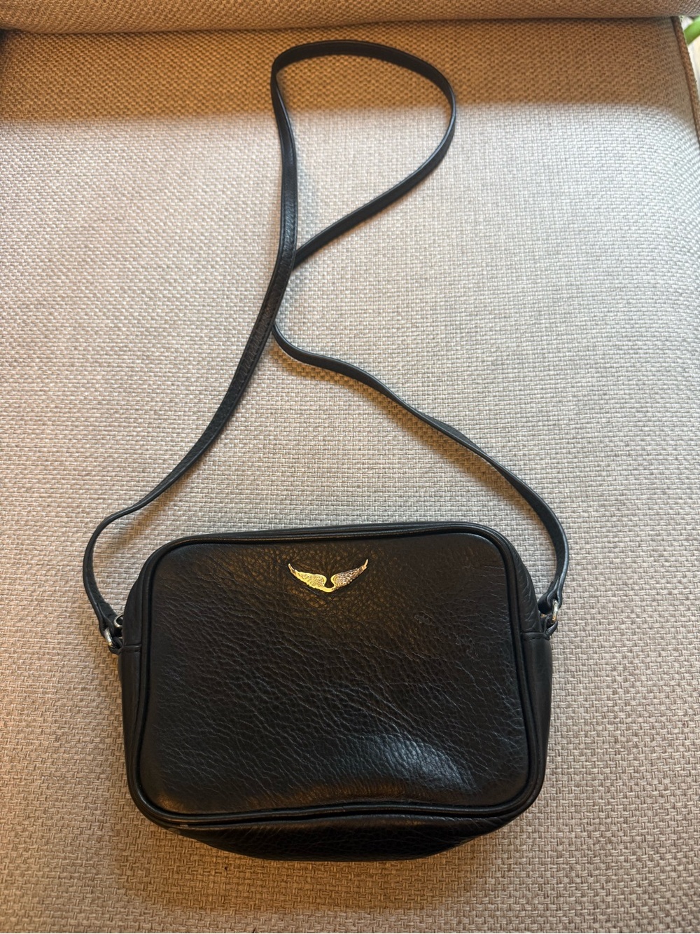Zadig & Voltaire Black Leather Crossbody with Gold Wing Emblem